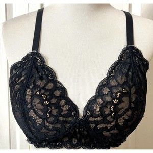 Aerie Push Up Padded Bra Sz 36D Black Lace Overlay Strappy Racerback Wireless
